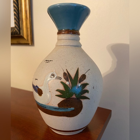 Vintage Tonala Mexican Folk Art Sandstone Pottery Vase Bird Duck on Water - Picture 2 of 7